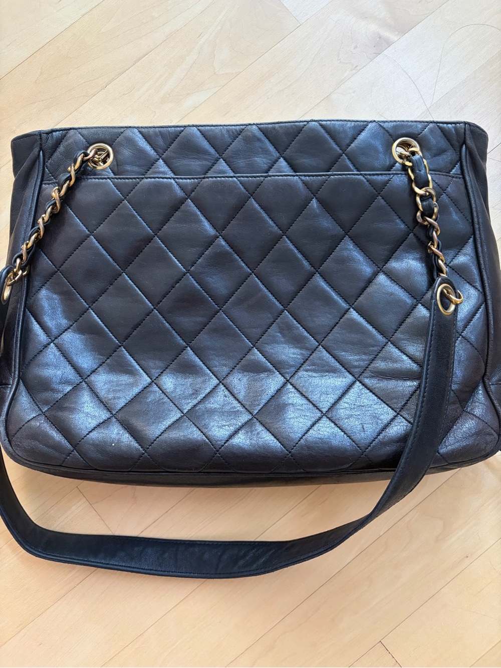As is Authentic Vintage Chanel Black Quilted Leather Tote with Gold Plated HW - Picture 2 of 5